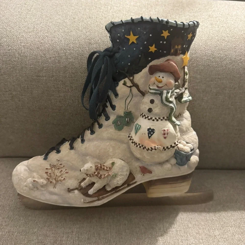 Christmas Wall Display Decor Resin‎ Snowman Ice Skate Planter Vintage